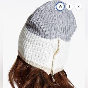 Kate Spade New York - Colorblock Knit Beanie Cream Gray Zip Detail OS